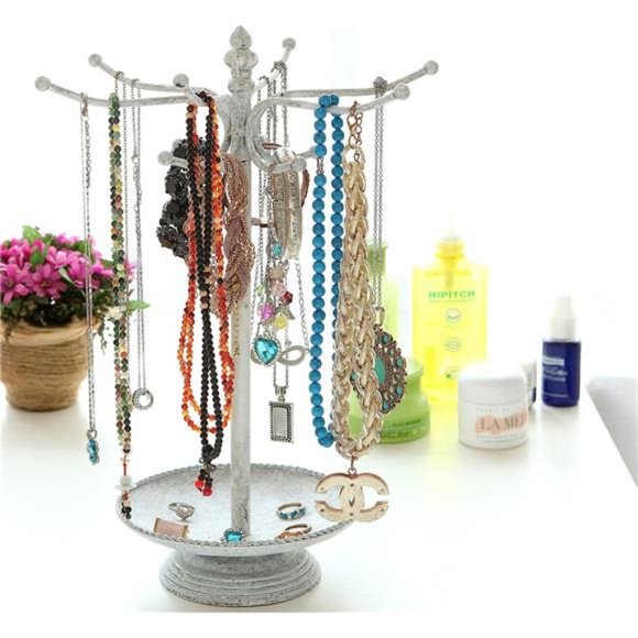 White Metal Jewelry Holder Stand, Necklace Bracelet Organizer Rack with 12 Hooks - Picture 2 of 5